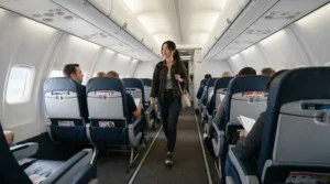 Traveller navigating the narrow cabin aisle of an aircraft with folding crutches for travel.