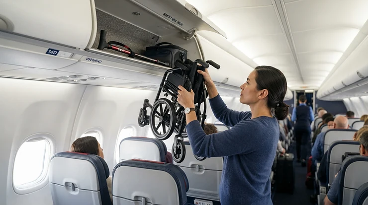 Traveller placing folding crutches for travel into an overhead aeroplane storage locker.