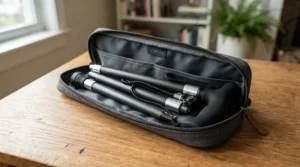 Compact folding crutches for travel neatly stored inside a protective carry bag on a wooden table.