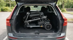 Lightweight folding crutches for travel placed safely in the boot of a hatchback car.