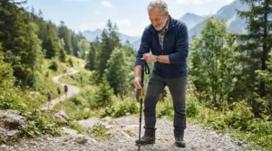 Checking correct pole height before using trekking poles for elderly on a coastal cliff walk