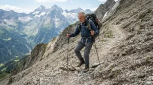 Extra stability and safety provided by trekking poles for elderly during a steep downhill descent