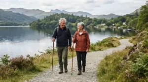 Hiking poles for older walkers demonstrated through trekking poles for elderly near a Cumbrian lake