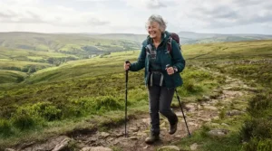 Walking poles for seniors in action, featuring trekking poles for elderly hikers in the Peak District