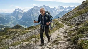 An older man using trekking poles for elderly support on a rugged path in the Scottish Highlands