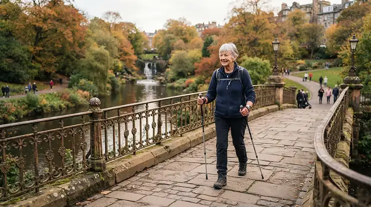 Lightweight trekking poles for elderly being used during a walk in a historic British city park