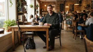 A tall adult resting at a local cafe table with underarm crutches for tall adults tucked neatly beside the chair.