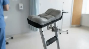 Close-up of padded underarm crutches for tall adults showing ergonomic axilla pads to prevent nerve pressure.
