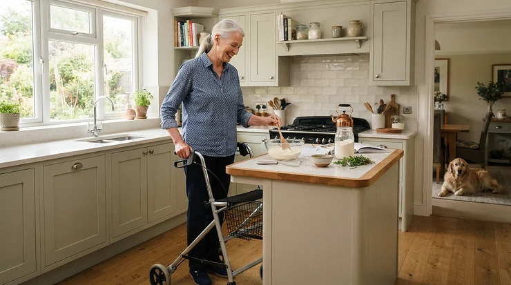 Preparing a meal in a modern kitchen while leaning on underarm crutches for tall adults.