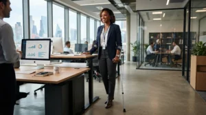 An office worker standing at a height-adjustable desk supported by underarm crutches for tall adults.