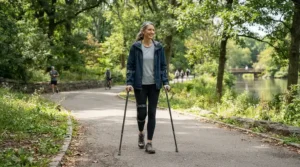 A tall adult walking along a gravel path in a British park using long underarm crutches for tall adults.