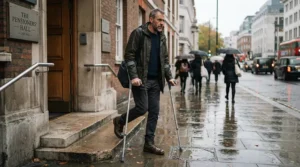 Stepping out of a traditional British townhouse onto a wet pavement with underarm crutches for tall adults.
