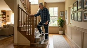 A tall individual carefully ascending a wooden staircase while using underarm crutches for tall adults.